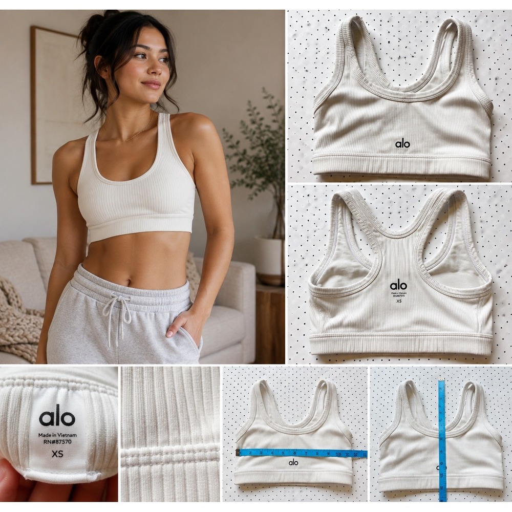 Alo Yoga Ribbed Racerback Sports Bra XS Ivory Cream Crop Top Athleisure
